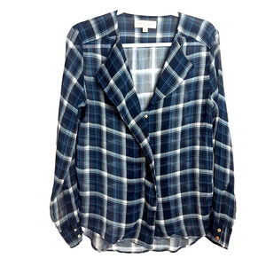 Philosophy Chiffon Plaid Sheer Button Front High Low Top Medium Navy Grunge Goth